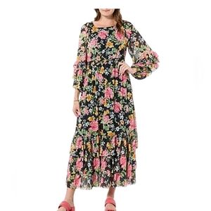 Dress Antthony Mesh Tiered Ruffle Maxi Dress Black Floral Maxi  Boho LARGE New